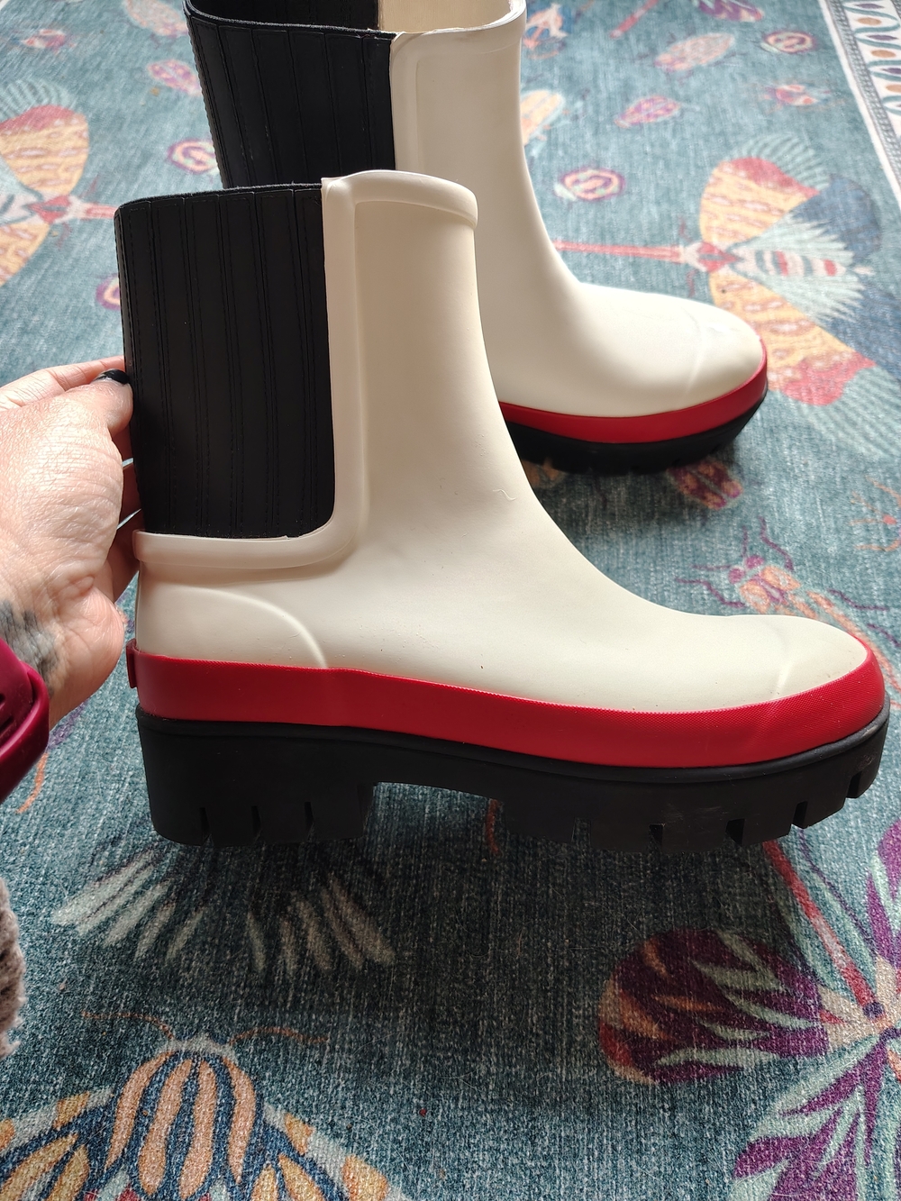 TORY BURCH White Foul Hurricane  Chelsea Rain Boots with Red Accent